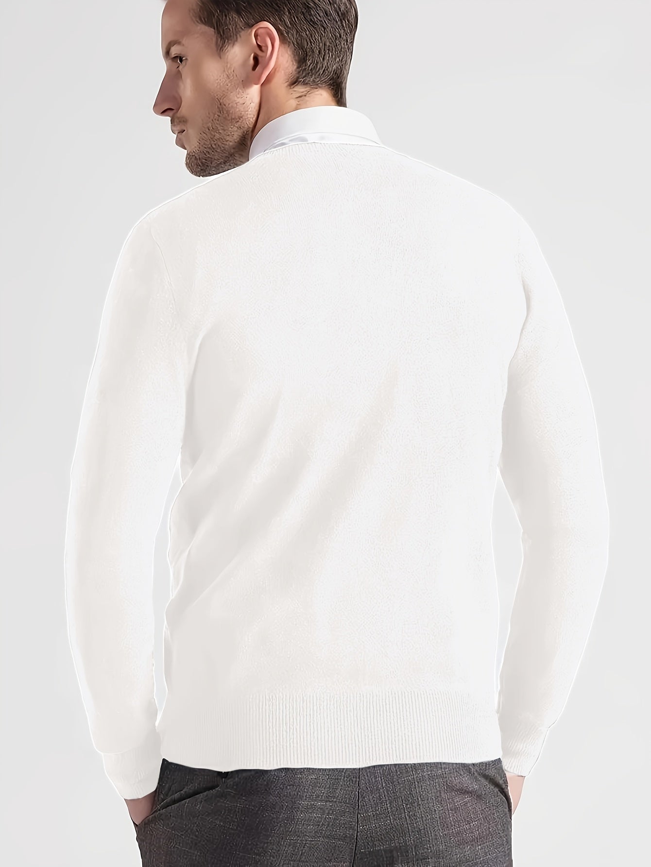 Suéter de punto de cuello en V para hombre, otoño e invierno, de color sólido, manga larga, tamaño medio, con elasticidad regular