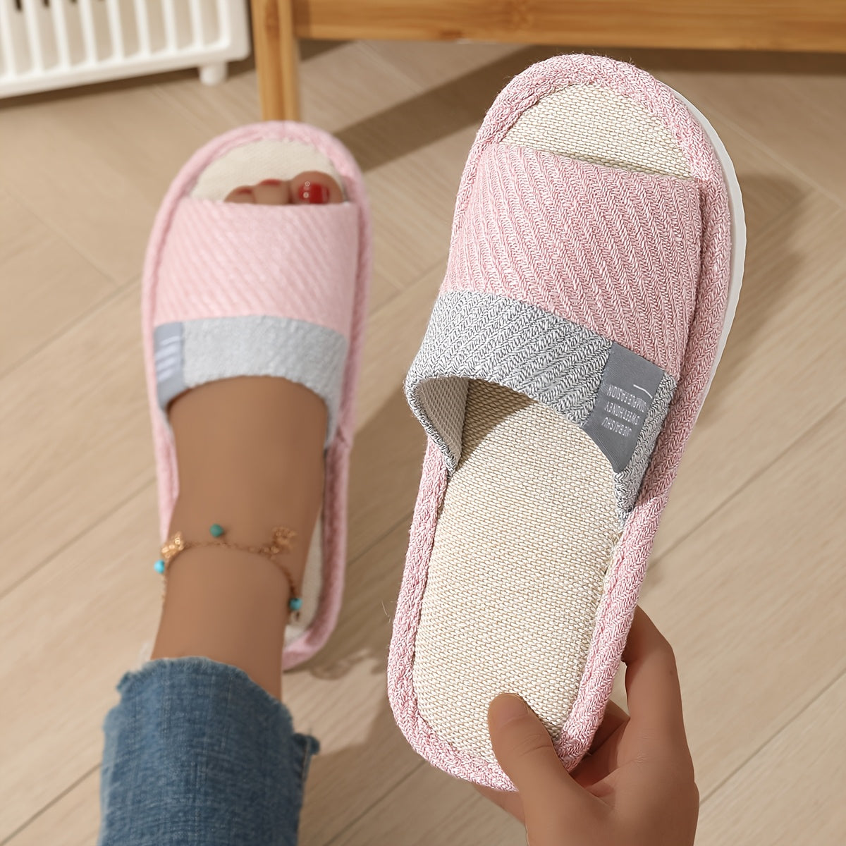Unisex Linen Slippers Breathable Indoor Shoes Non-Slip Comfort Beige Pink