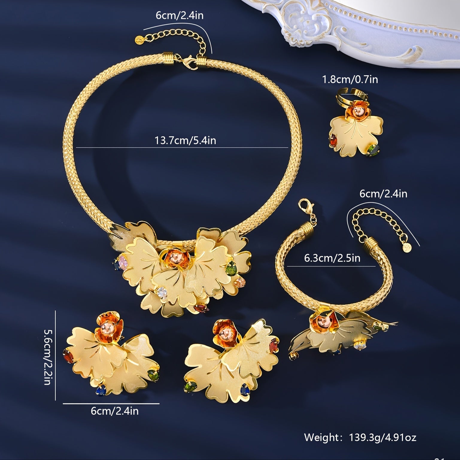 Vintage Arabian Style 18K Gold-Plated Copper Jewelry Set for Women Necklace Bracelet Ring Earrings