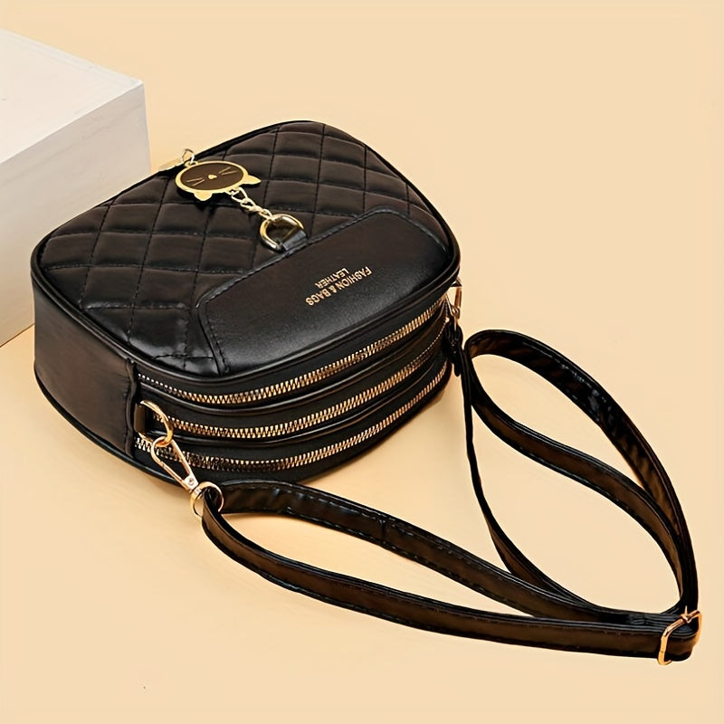 Qora plaid ko‘poyon sumka, zip yopilishi va polyester ichki qavati bilan