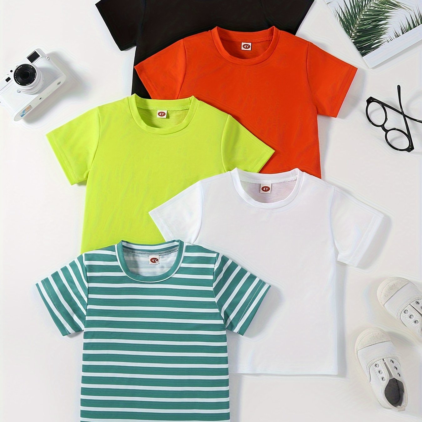 Pack de 5 camisetas de verano para niños, de manga corta, con rayas y colores sólidos, con cuello redondo, para niños y niñas