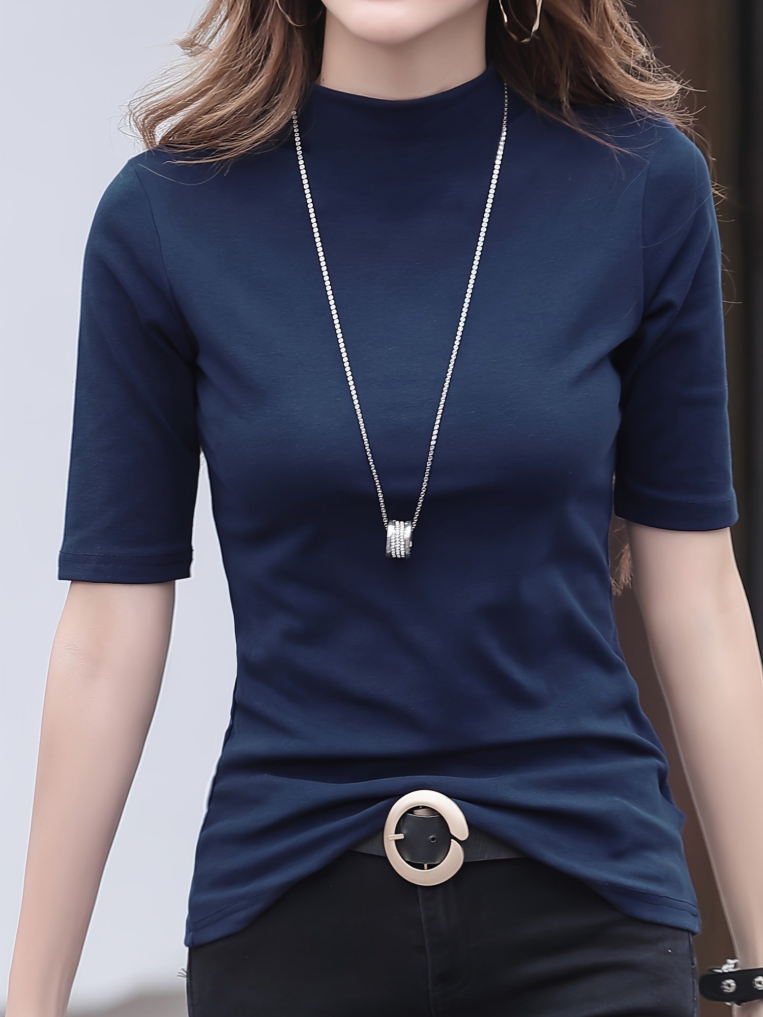 Women's High Neck Solid Color Polyester Knit T-Shirt Regular Fit for Spring Fall