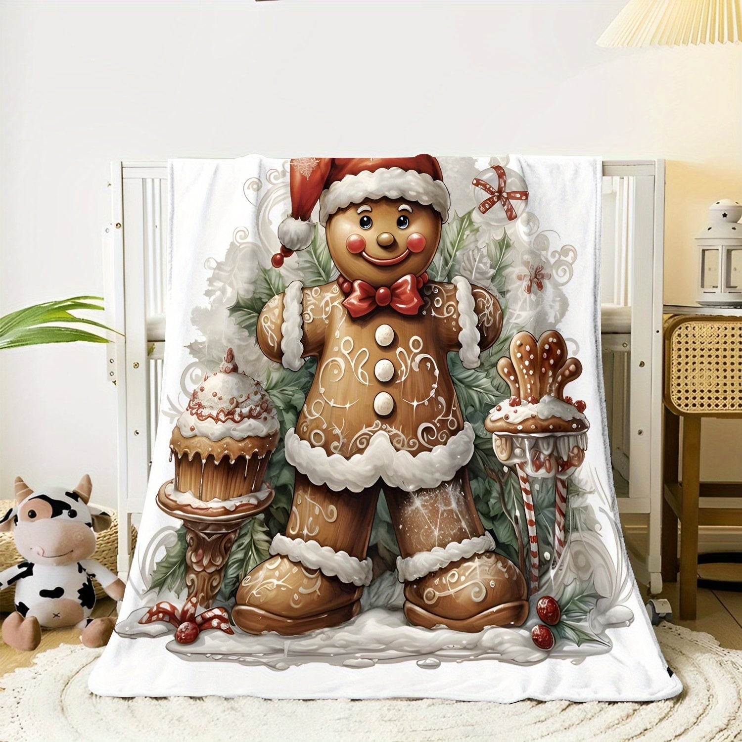 70x100cm Rustic Gingerbread Man Throw Blanket Soft Warm Polyester Flannel Digital Print All-Season