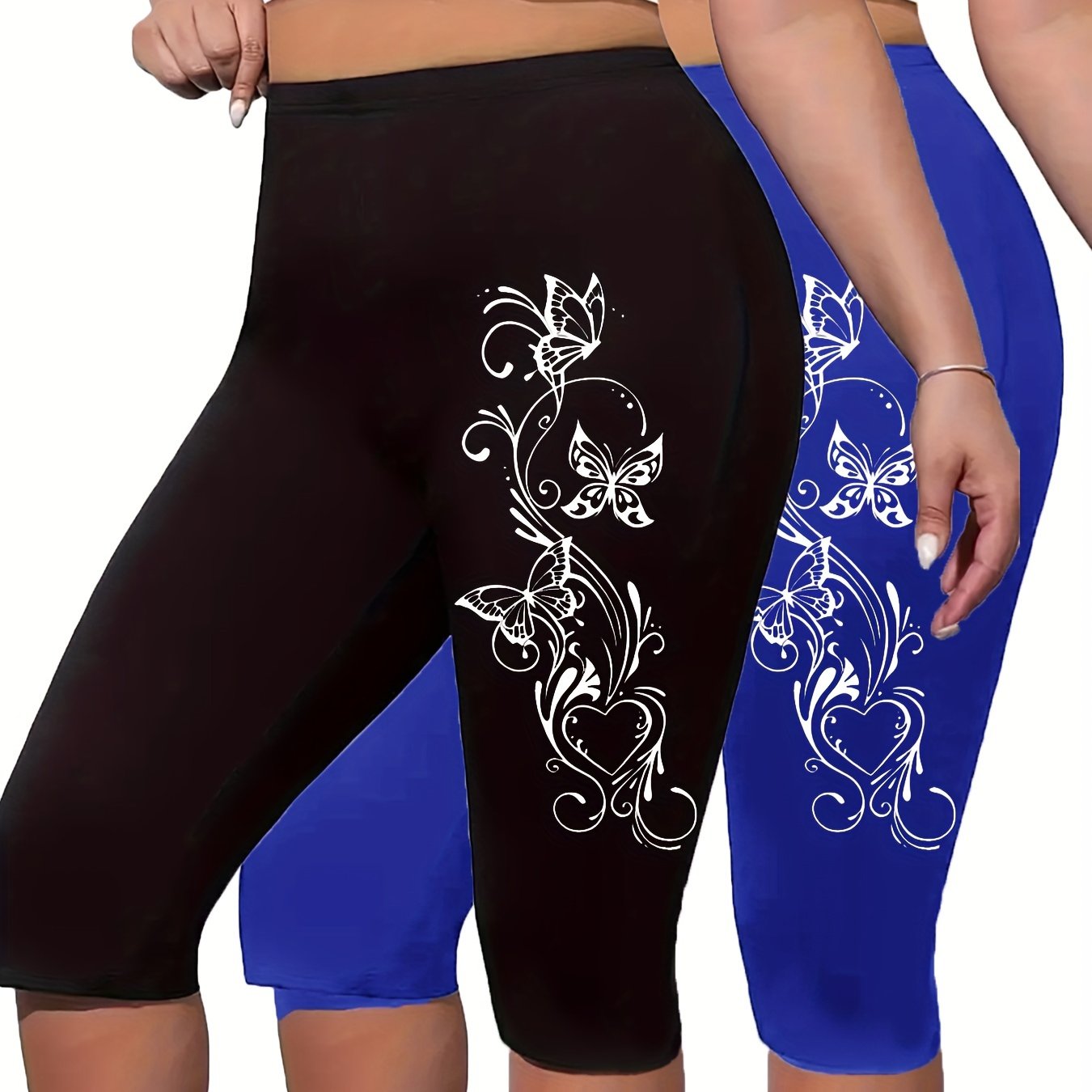 Plus Size Butterfly Print Capri Leggings High Waist Stretchy Spring Summer Women