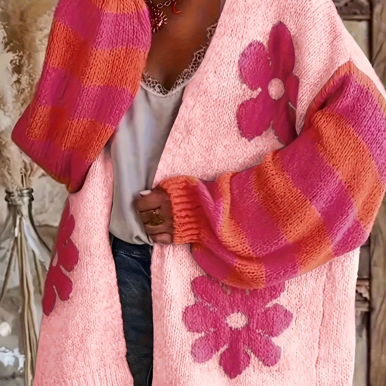 Cárdigan de punto para mujer talla grande, suéter de manga larga con abertura frontal, con estampado floral en rosa pastel y naranja