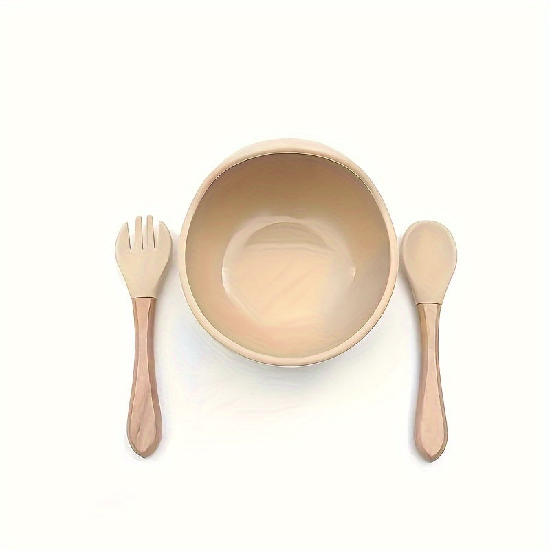 Baby Feeding Set Silicone Bowl Fork Spoon Non-Slip Microwave Safe Wooden Handle 3 Pieces