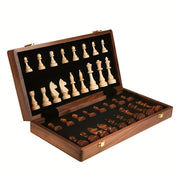 Solid Wood Chess Set with Folding Walnut Checkerboard and Internal Storage 15 Inch