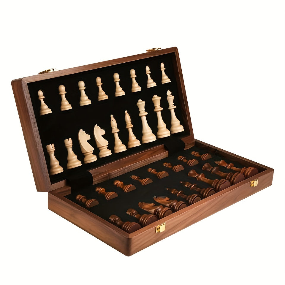 Solid Wood Chess Set with Folding Walnut Checkerboard and Internal Storage 15 Inch