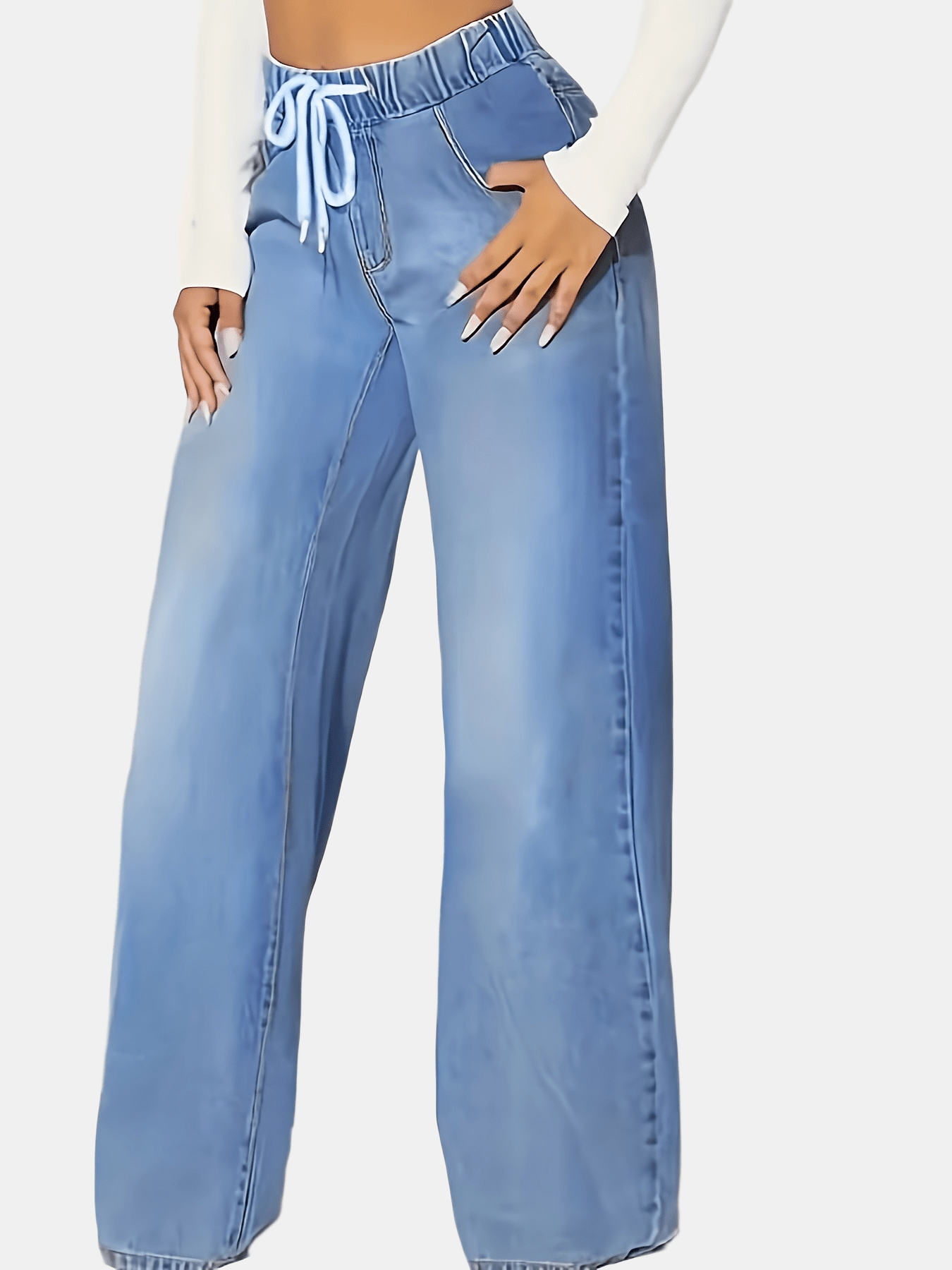 Women's Light Blue Elastic Waist Wide Leg Jeans with Drawstring and Slant Pockets