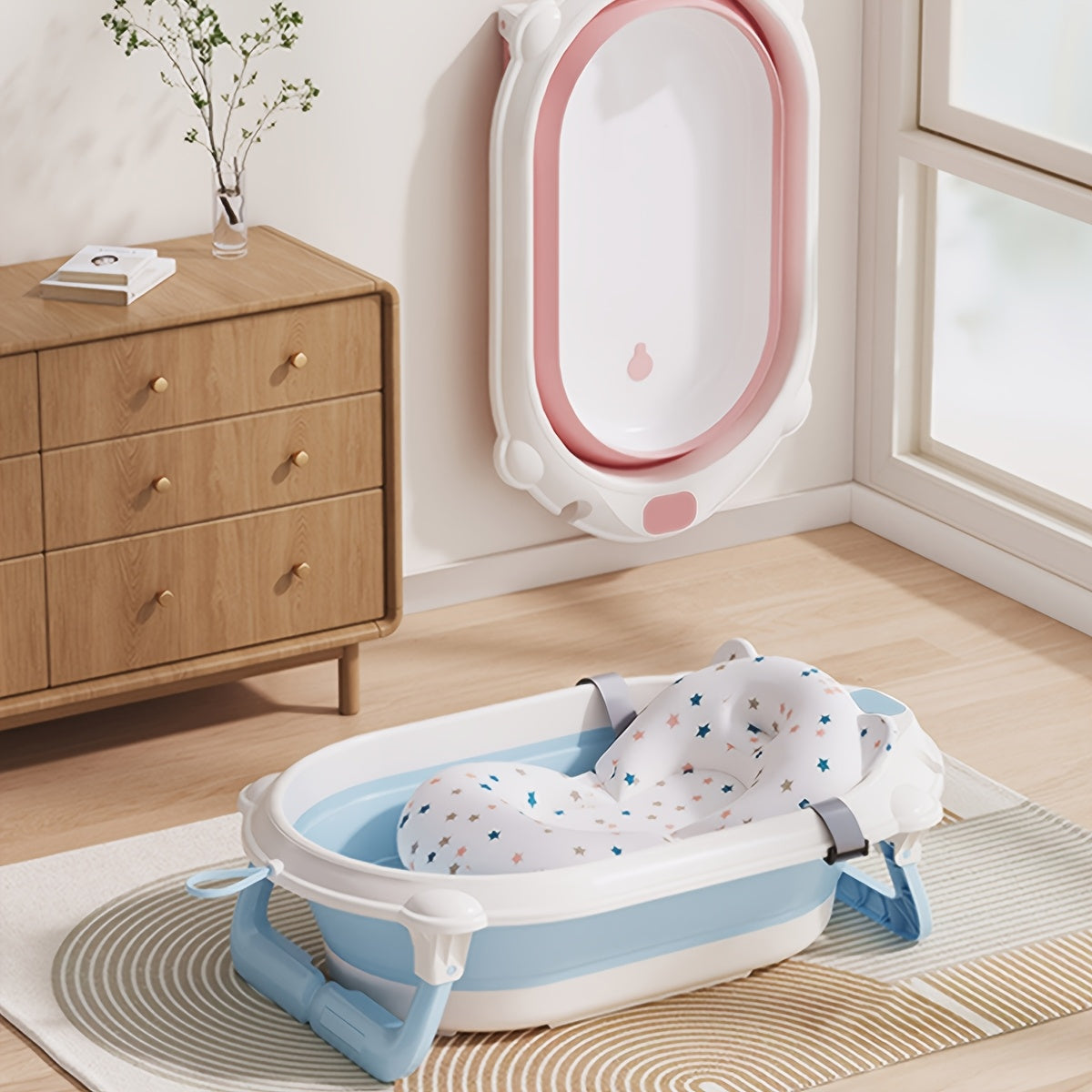 Portable Infant Bathtub with Breathable Cushion and Dual-Function Wash Basin Toddler Bath Seat