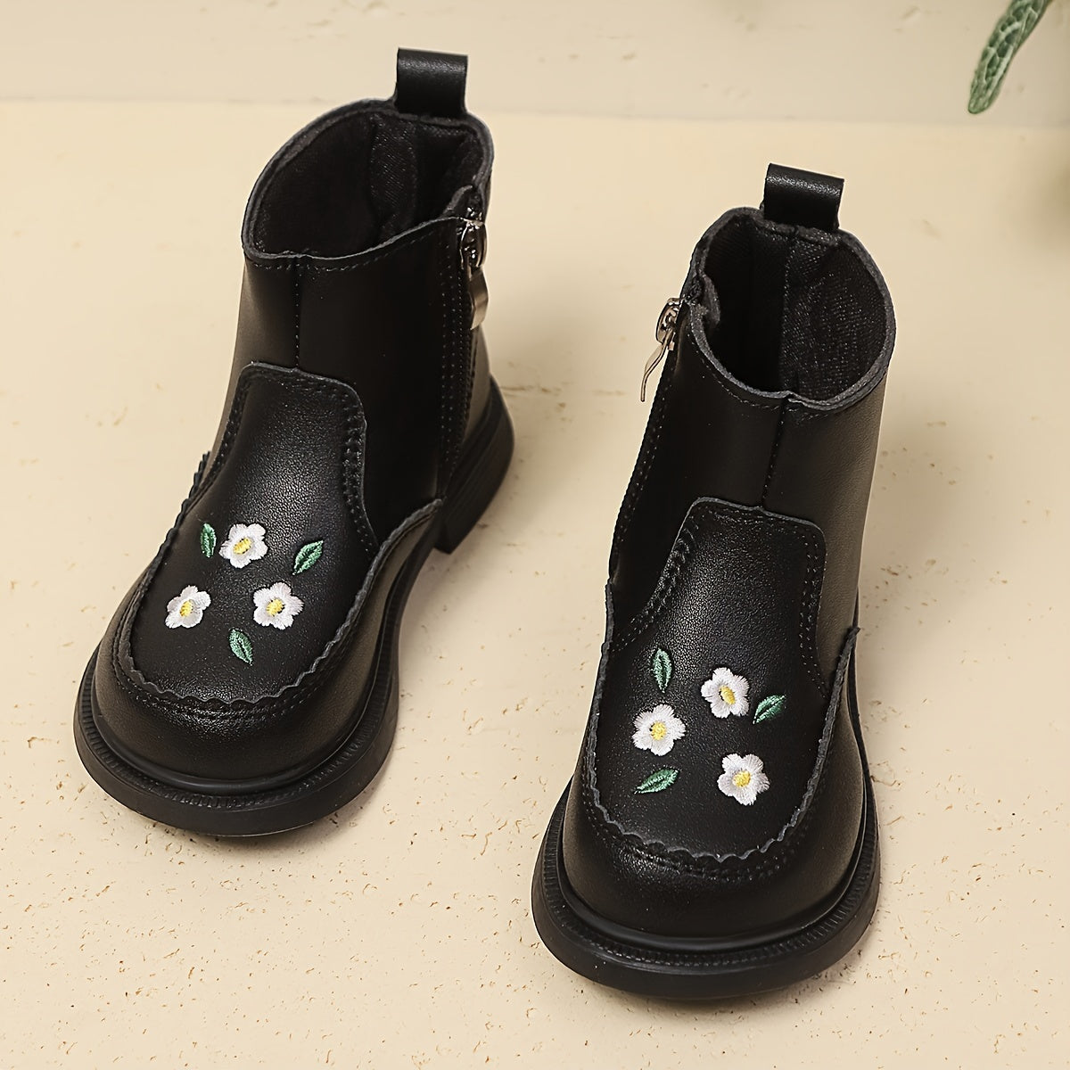 Girls Ankle Boots Floral Embroidery PU Upper Rubber Sole Zipper Closure Fall Winter