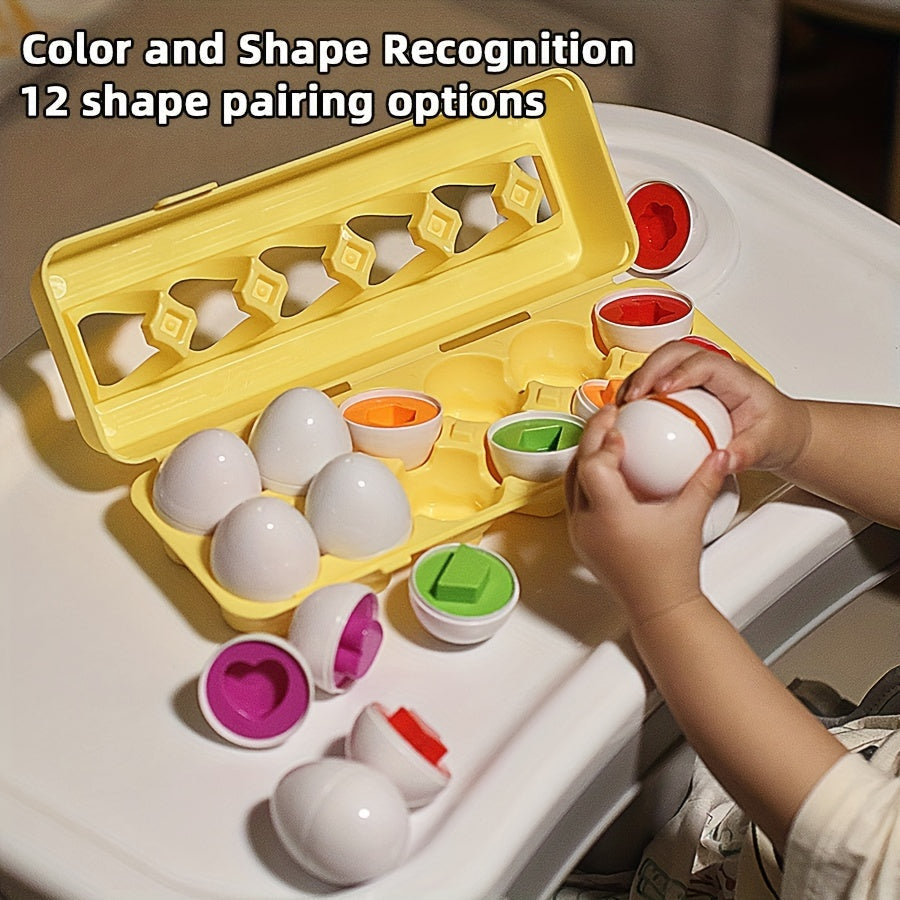Juego de 12 juguetes de reconocimiento de colores y emparejamiento de formas en forma de huevo para educación temprana