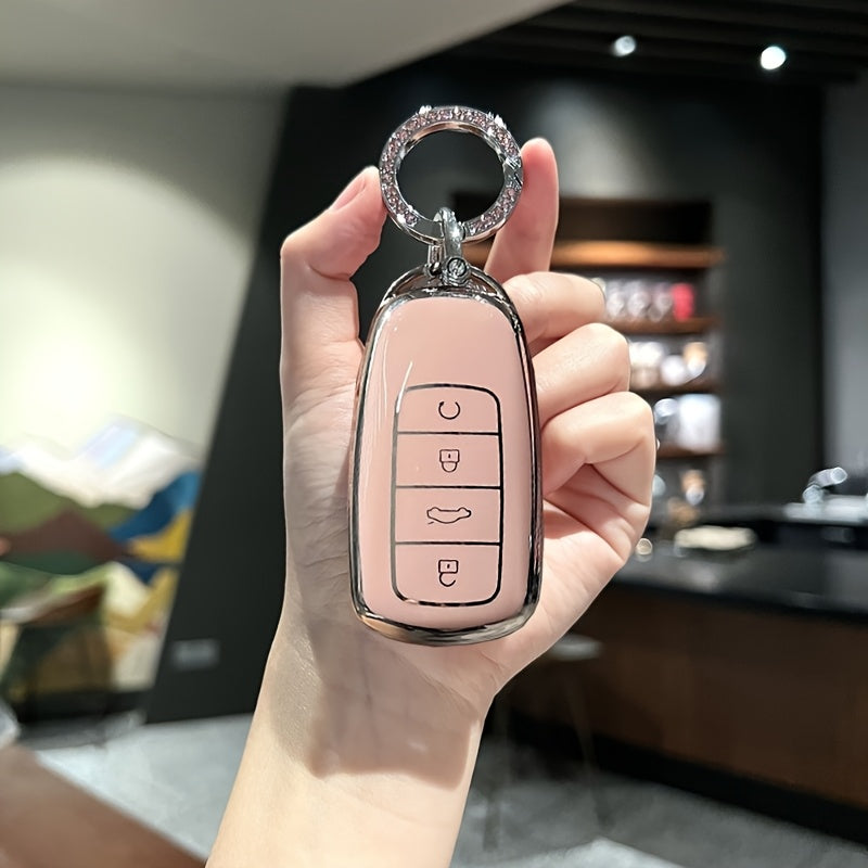 Pink TPU Key Fob Cover with Crystal-Accented Shell for Car Remote