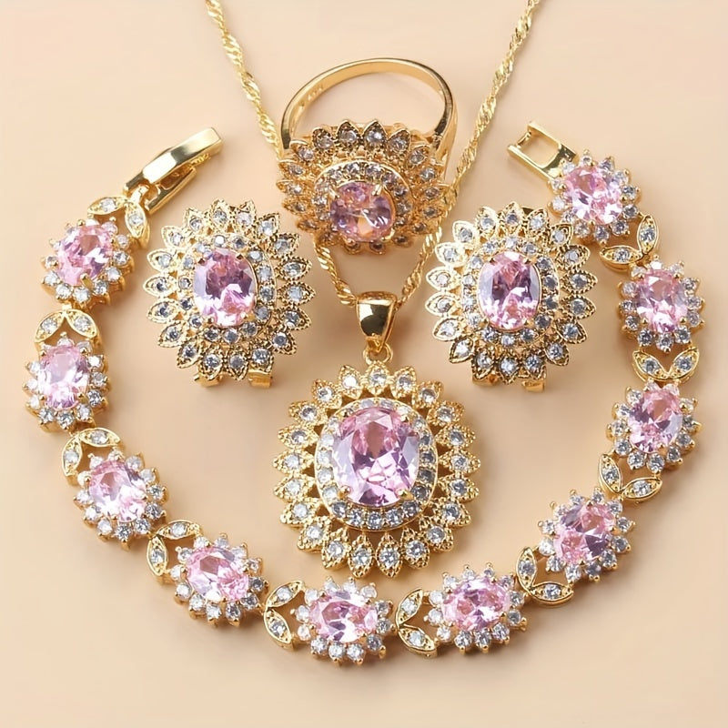 Sunflower Jewelry Set for Women 5-Piece Cubic Zirconia Necklace Earrings Ring Bracelet Gift
