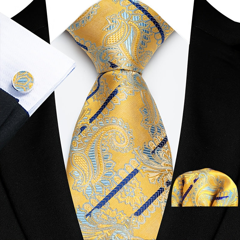 Erkaklar uchun zamonaviy galstuk to'plami, mos keladigan cho'ntak shartlari, manşetli kalitlar va to'quv uchun to'quv soati, to'ylar va biznes uchun