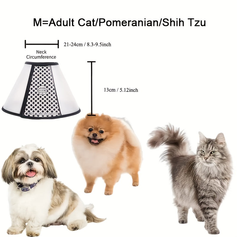Moslashuvchan yumshoq itlar va mushuklar uchun Elizabethan bo‘yi, chizishdan himoya qilish va tishlashni oldini olish uchun qora chetli tikuv bilan