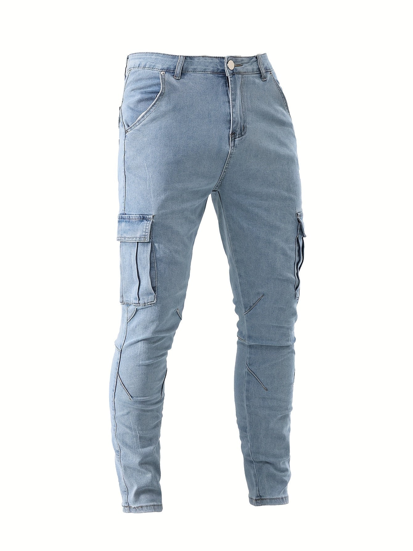 Erkaklar uchun elastik denimdan tayyorlangan, ko'p cho'ntakli dizayni bilan slim fit kargo jinsilari, ko'cha uslubi va barcha mavsumlar uchun ideal.