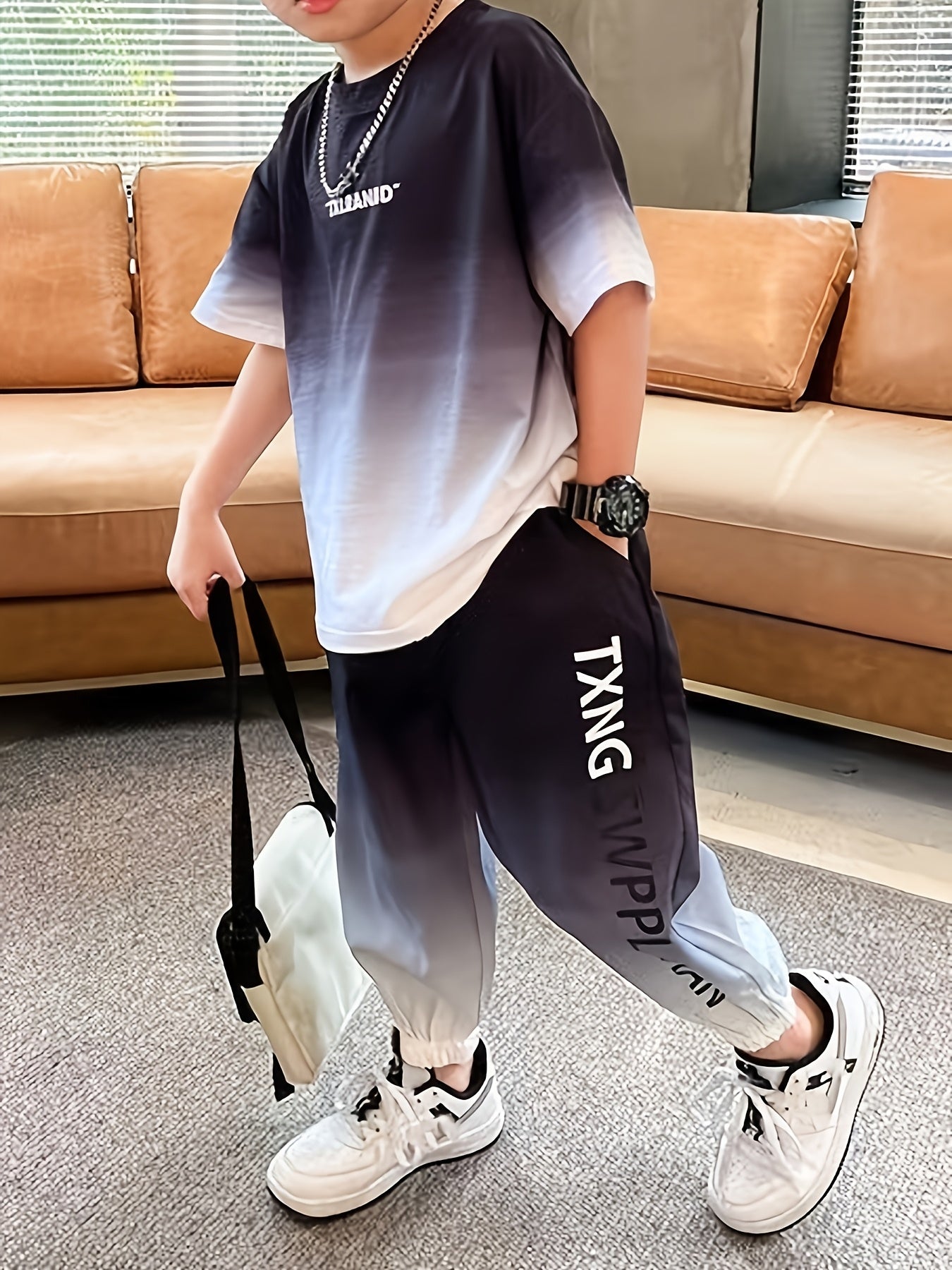 Boys Summer Sports Set with Printed T-Shirt and Cuffed Pants for Outdoor Activities