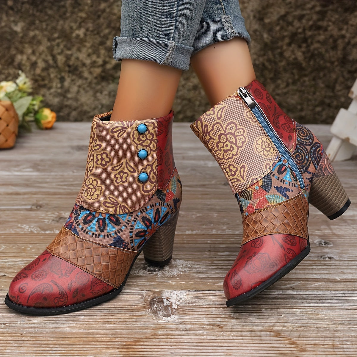 Women's Floral Pattern Ankle Boots with Chunky Heel and Side Zipper