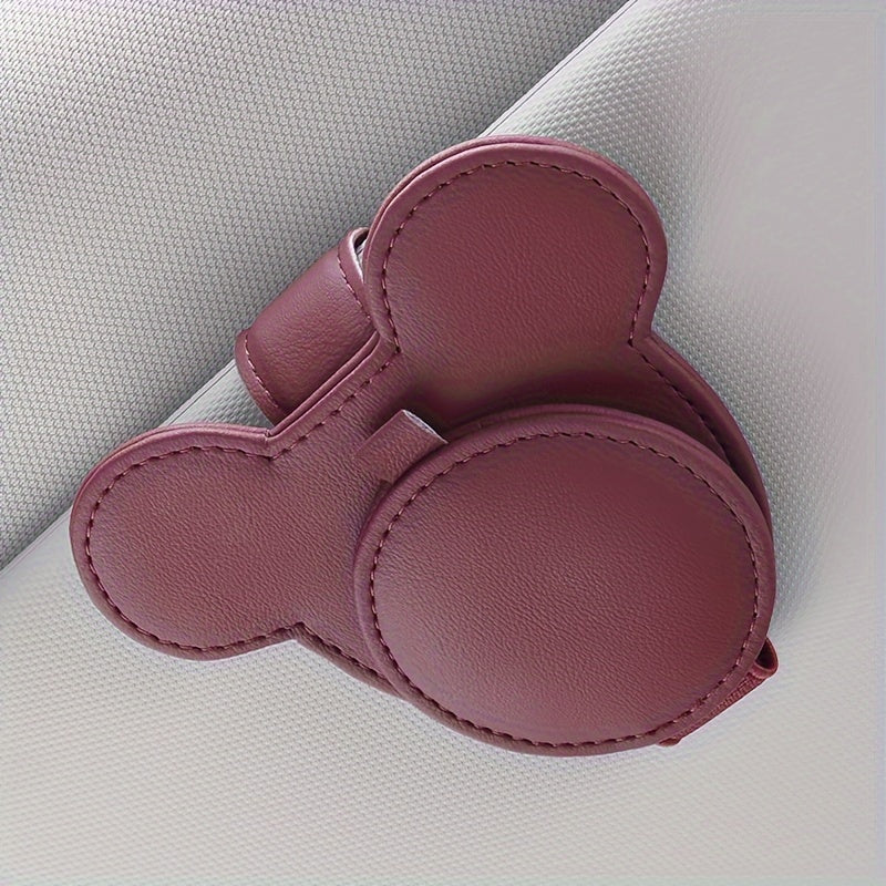 Car Sun Visor Card Holder Leather Clips Red Mouse Design Compact Organizer
