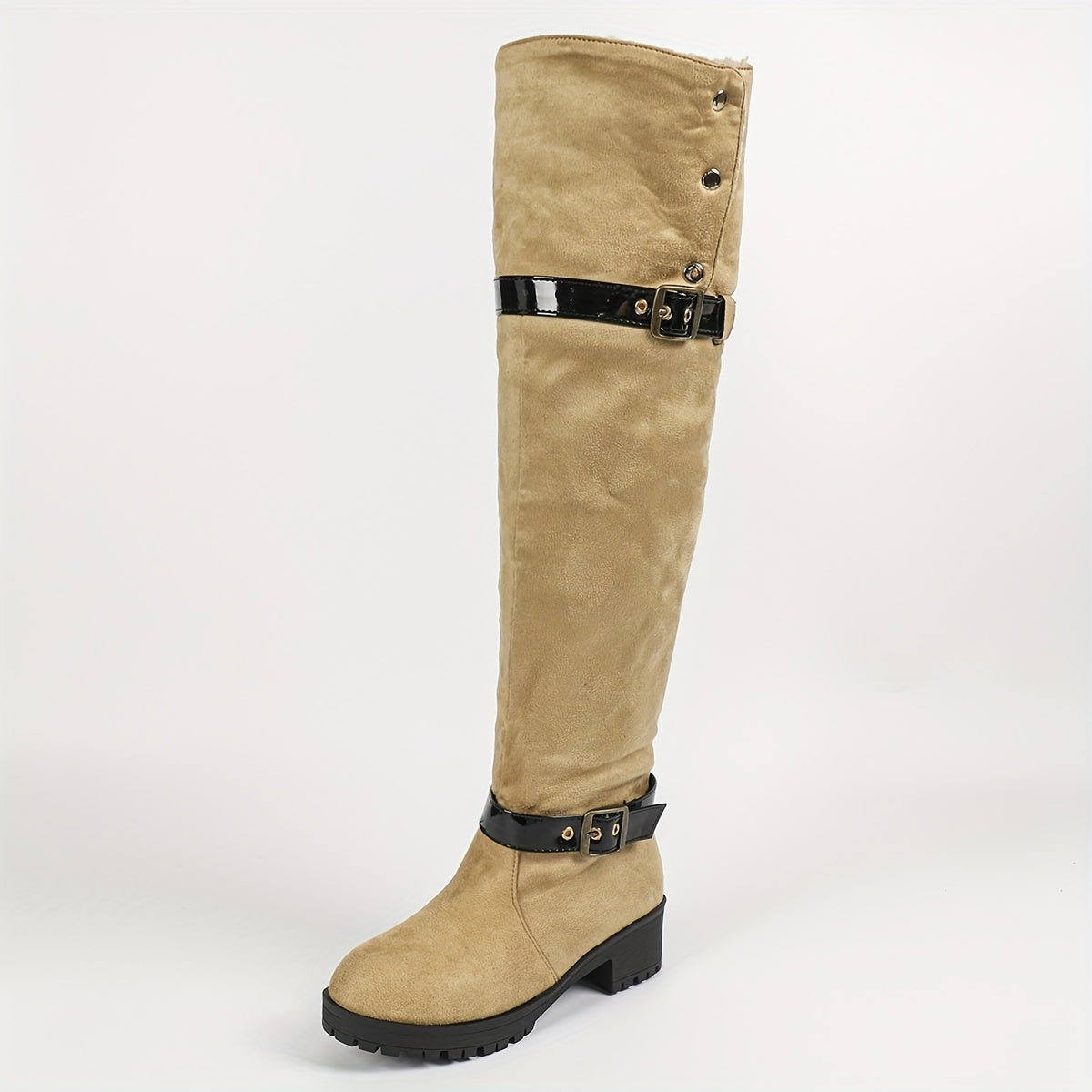 Women's Over-the-Knee Western Boots Buckle Round Toe Winter Lined