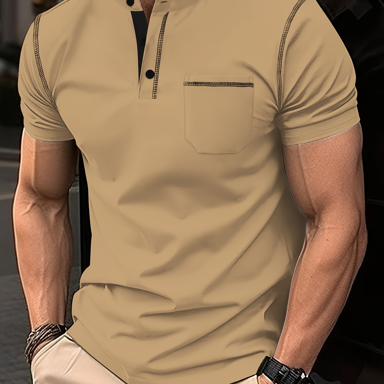 Camisa polo de punto de poliéster para hombre con bolsillo, manga corta, cuello alto, ajuste regular, casual