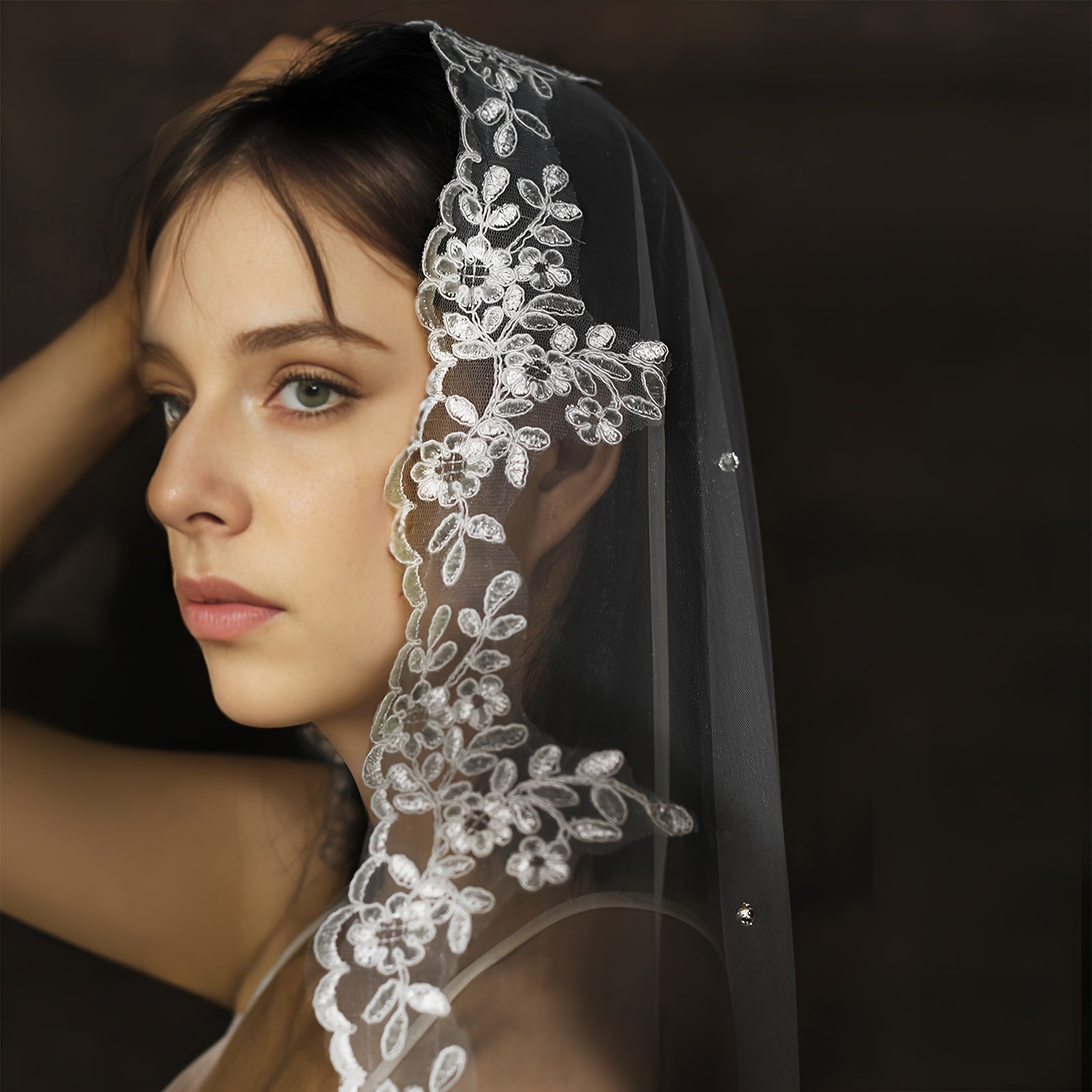 White Short Embroidered Wedding Veil for Bride with Hair Comb Not Included