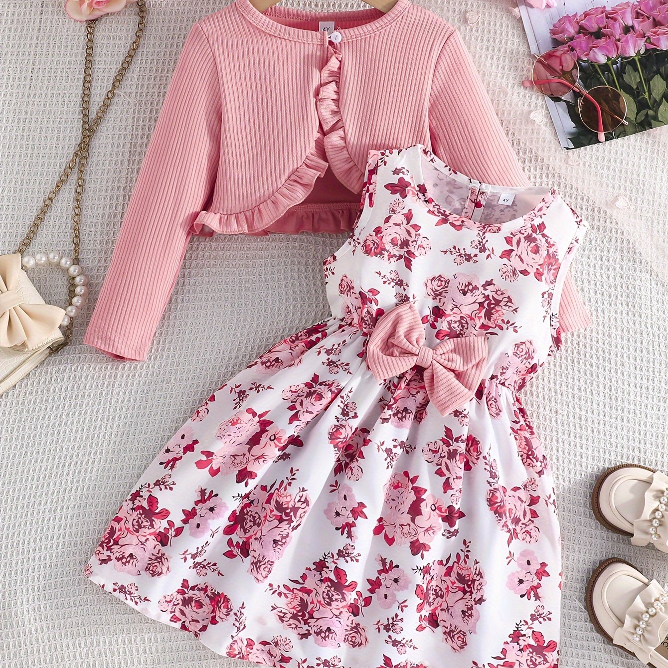 Girls' Floral Sleeveless A-Line Dress Set with Cardigan Polyester Blend Spring Fall Casual