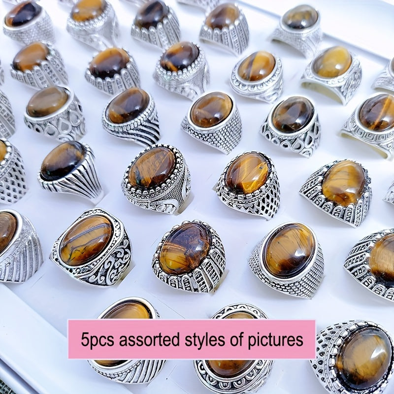 Mijozlar tomonidan eng yaxshi tanlov: 5 ta vintage uslubidagi uzuklar to'plami, tabiiy yo'lbars ko'z toshlari bilan - Sink qotishmasidan tayyorlangan, kundalik va maxsus tadbirlar uchun ideal