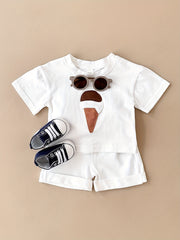 Девочки, летний хлопковый микс с аппликацией мороженого, двухпредметный комплект с коротким рукавом и шортами