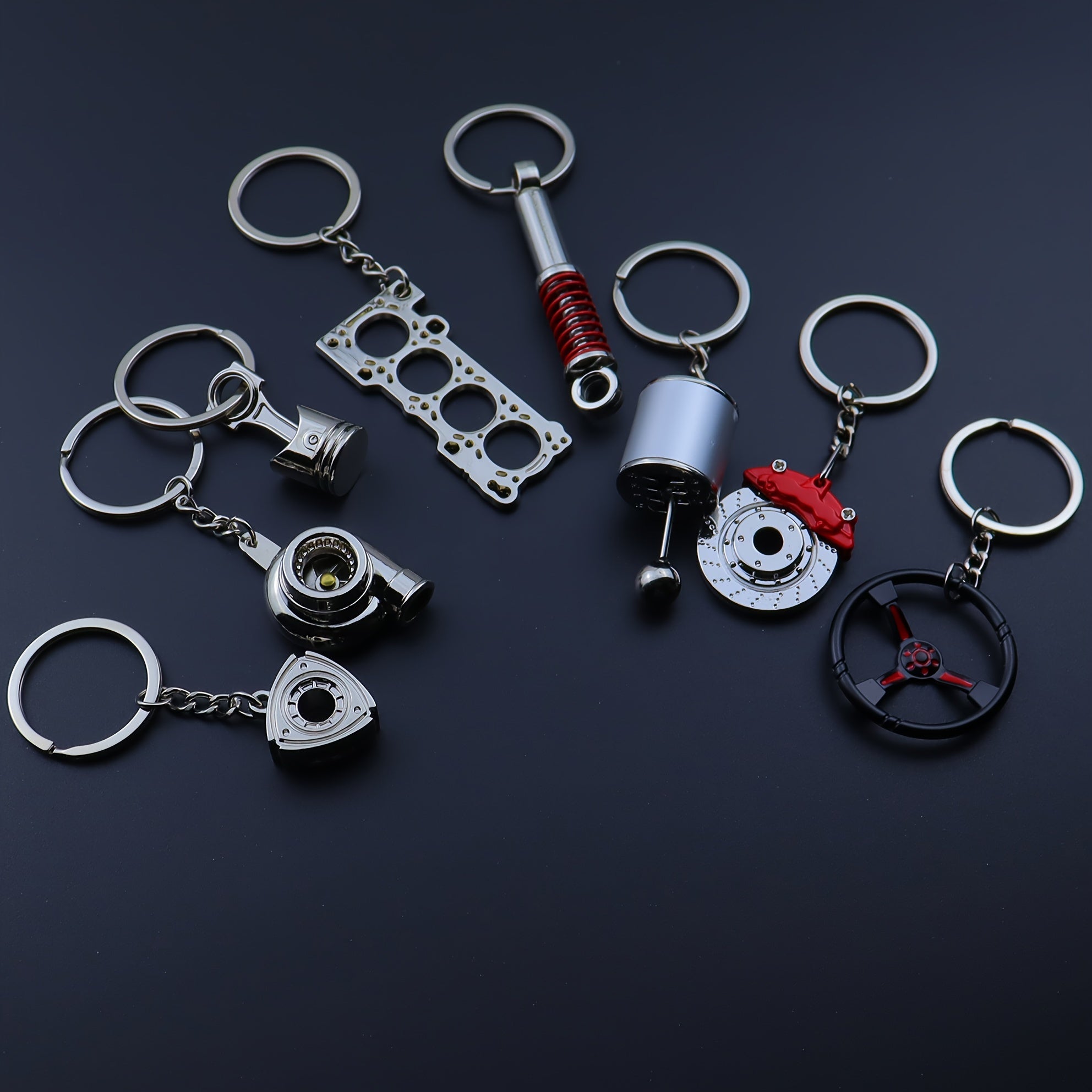 Car Keychains Piston Brake Disc Gear Turbocharger Engine Blade Steering Wheel Accessories