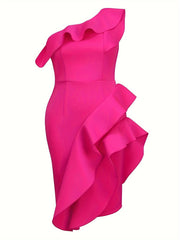 Women's Ruffled Bodycon One-Shoulder Midi Party Dress with Asymmetrical Hem