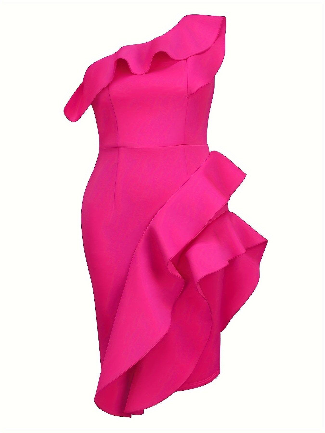 Women's Ruffled Bodycon One-Shoulder Midi Party Dress with Asymmetrical Hem