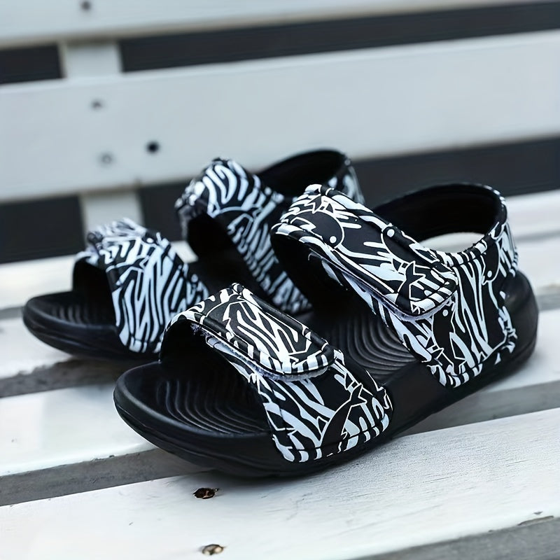 Boys' Striped Open Toe Sandals with Hook and Loop Fastener for Outdoor Activities