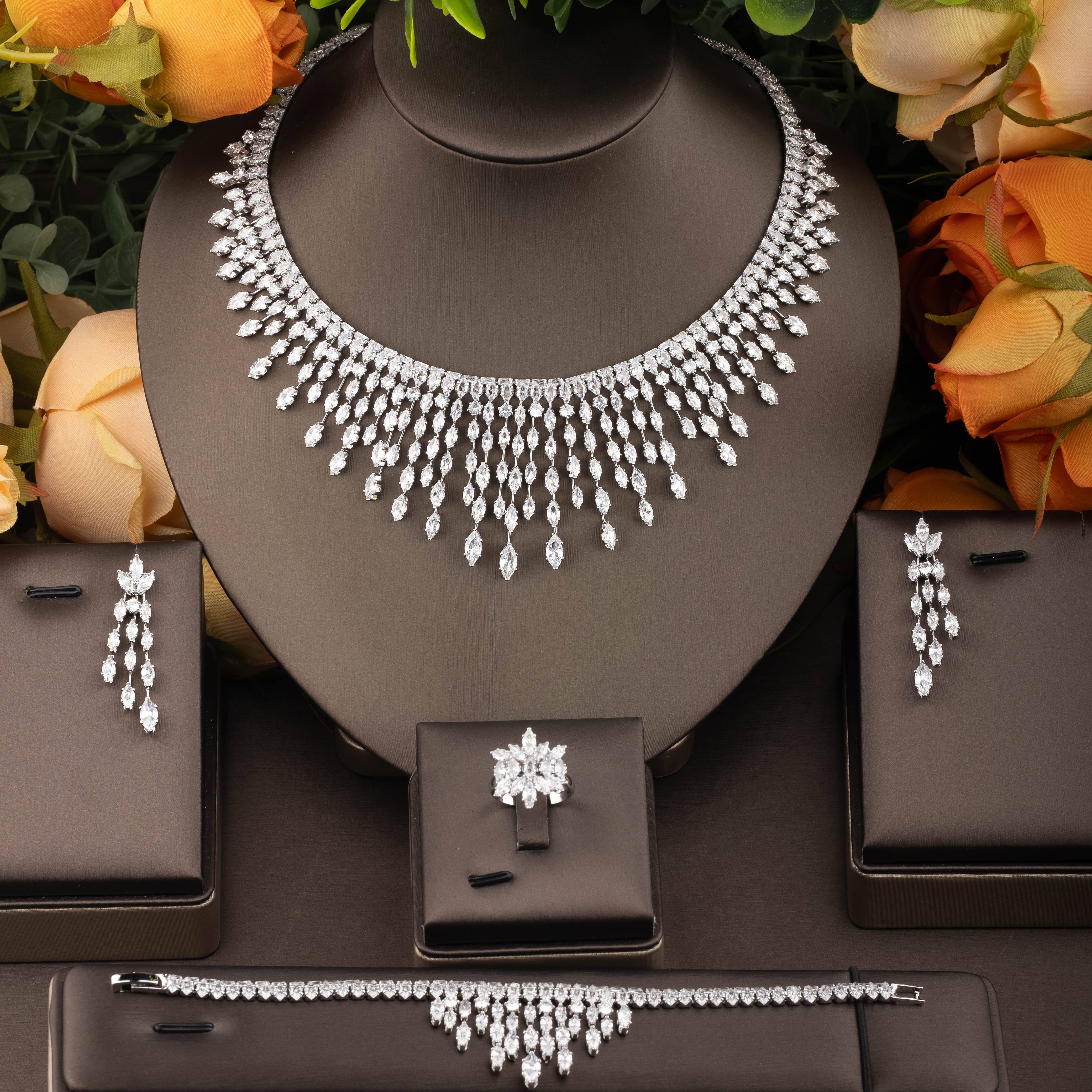 18K Gold-Plated Jewelry Set with Cubic Zirconia Necklace Earrings Bracelet Ring for Weddings