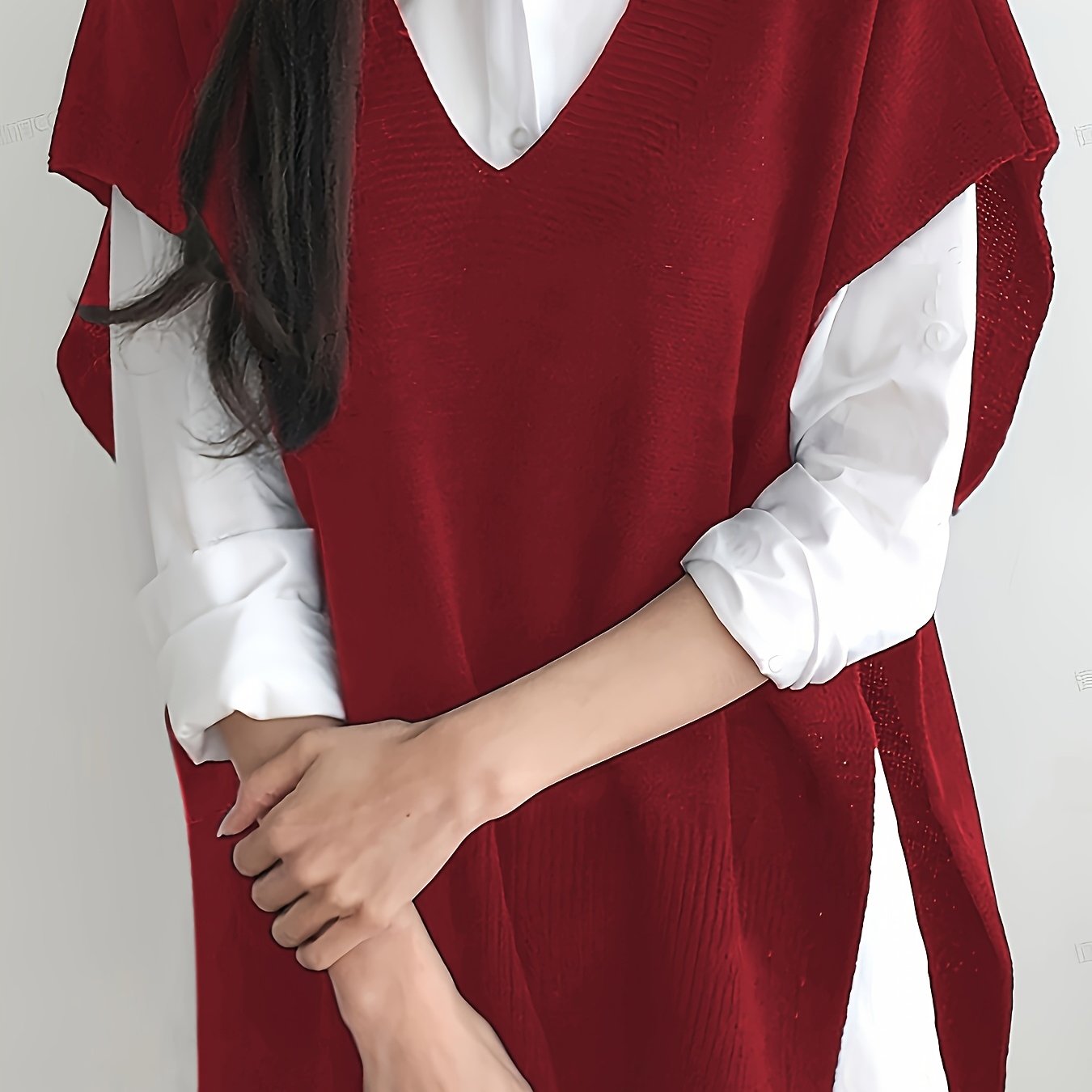Women's Plus Size V-Neck Slit Top Stretchy Semi-Sheer Blouse