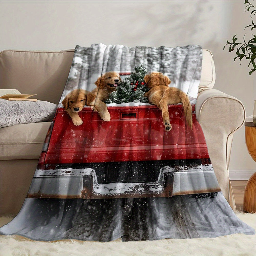 Flannel Fleece Throw Blanket with Cartoon Golden Retrievers and Red Truck Winter Theme Hypoallergenic Quilted Gift