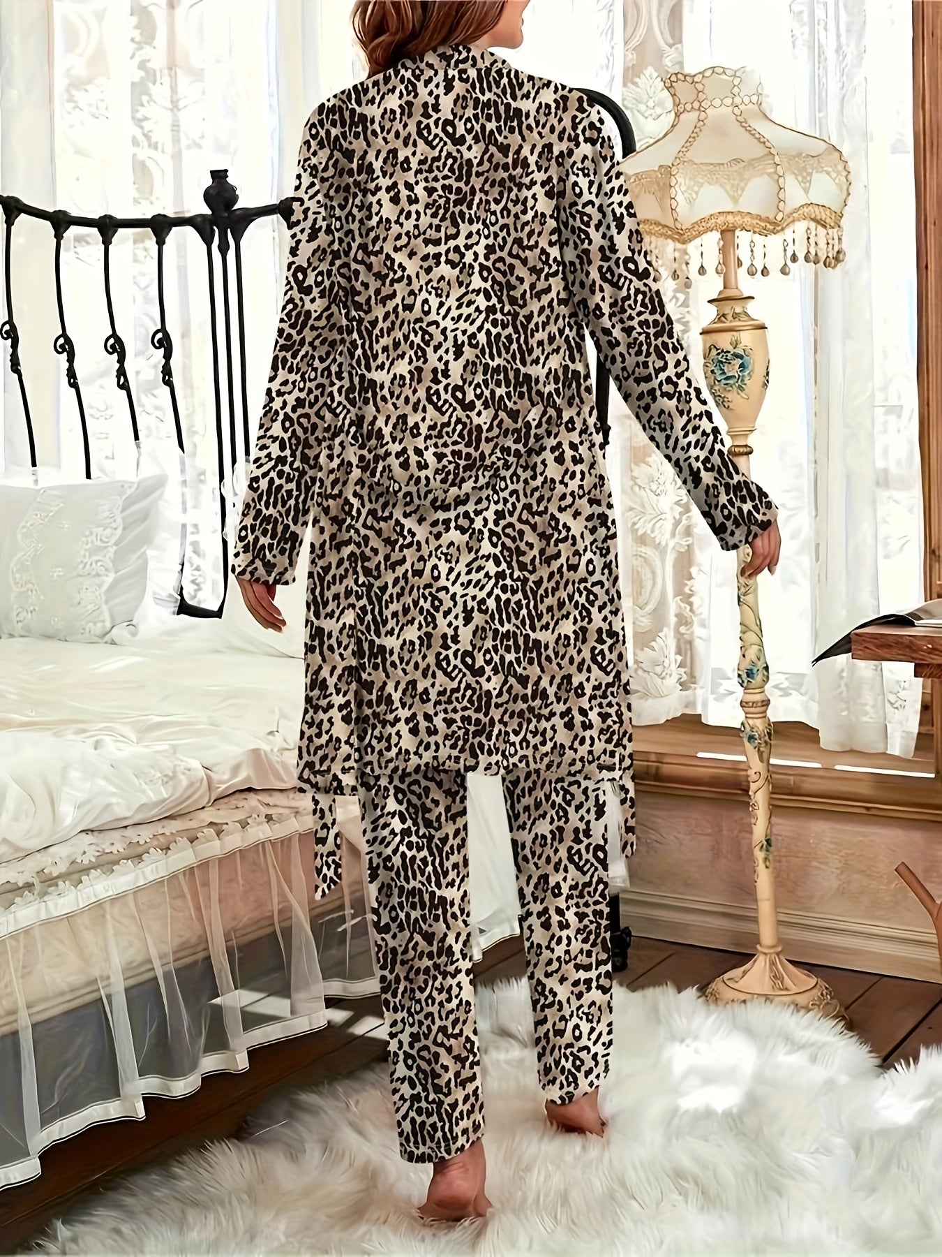 Plus Size Leopard Print Pajama Set for Women Polyester Spandex All-Season Comfortable