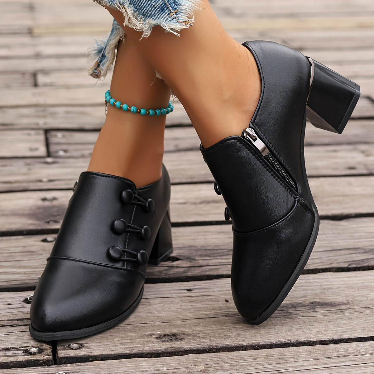 Women's Solid Color Block Heel Pumps with Side Zipper and Slip-On Design