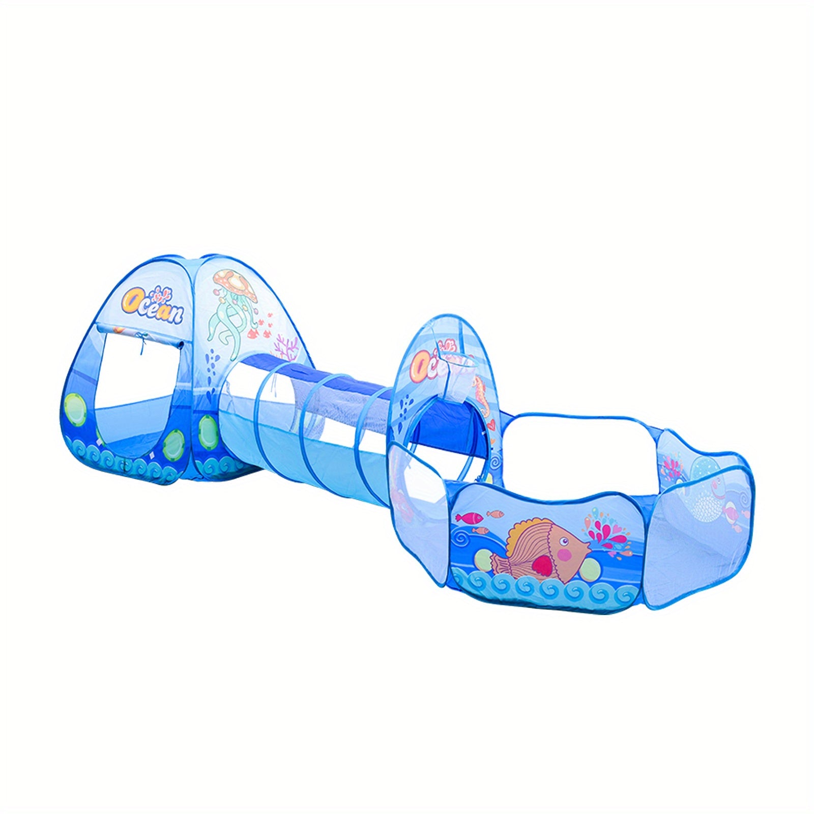 Ichki foydalanish uchun portativ, yig'iladigan tentli o'yin uyi, okean mavzusida.