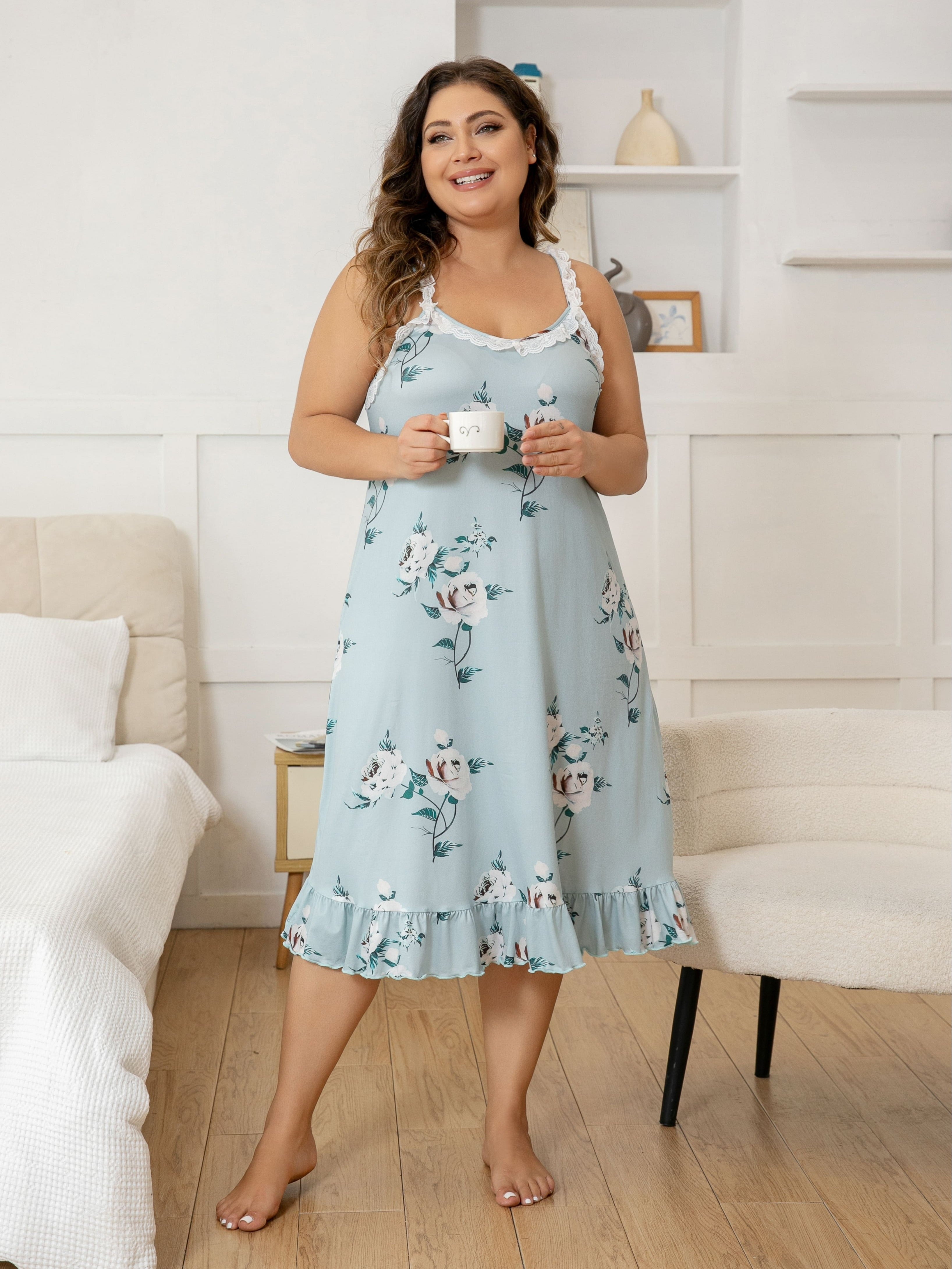 Plus Size Women's Floral Print Sleeveless Nightgown Sleep Dress Soft Summer Lounge