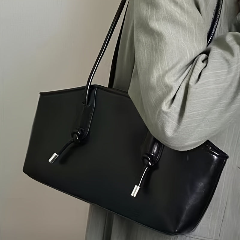 Women's Black Faux Leather Shoulder Bag with Hard Bottom and Large Capacity