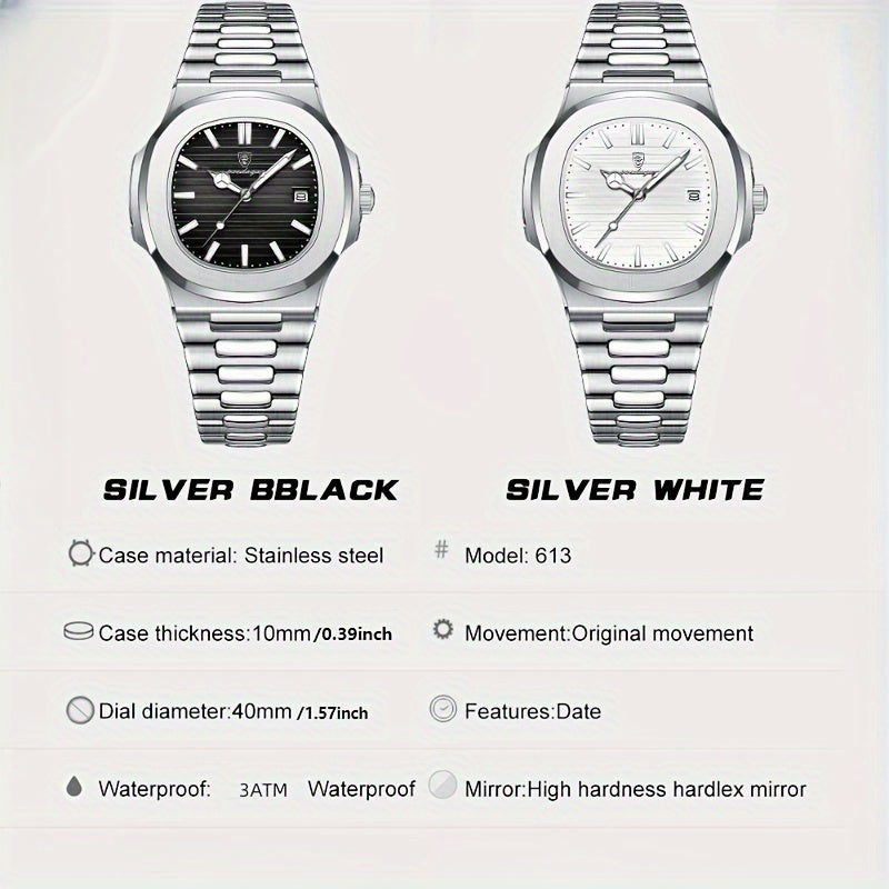 Men's Casual Square Alloy Watch with Calendar Water-Resistant Quartz