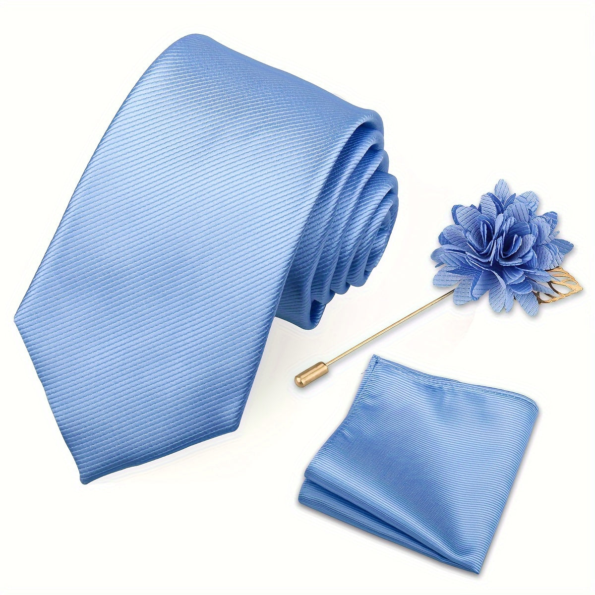 Men's Tie Set with Pocket Towel and Brooch, Classic Striped Plain Design