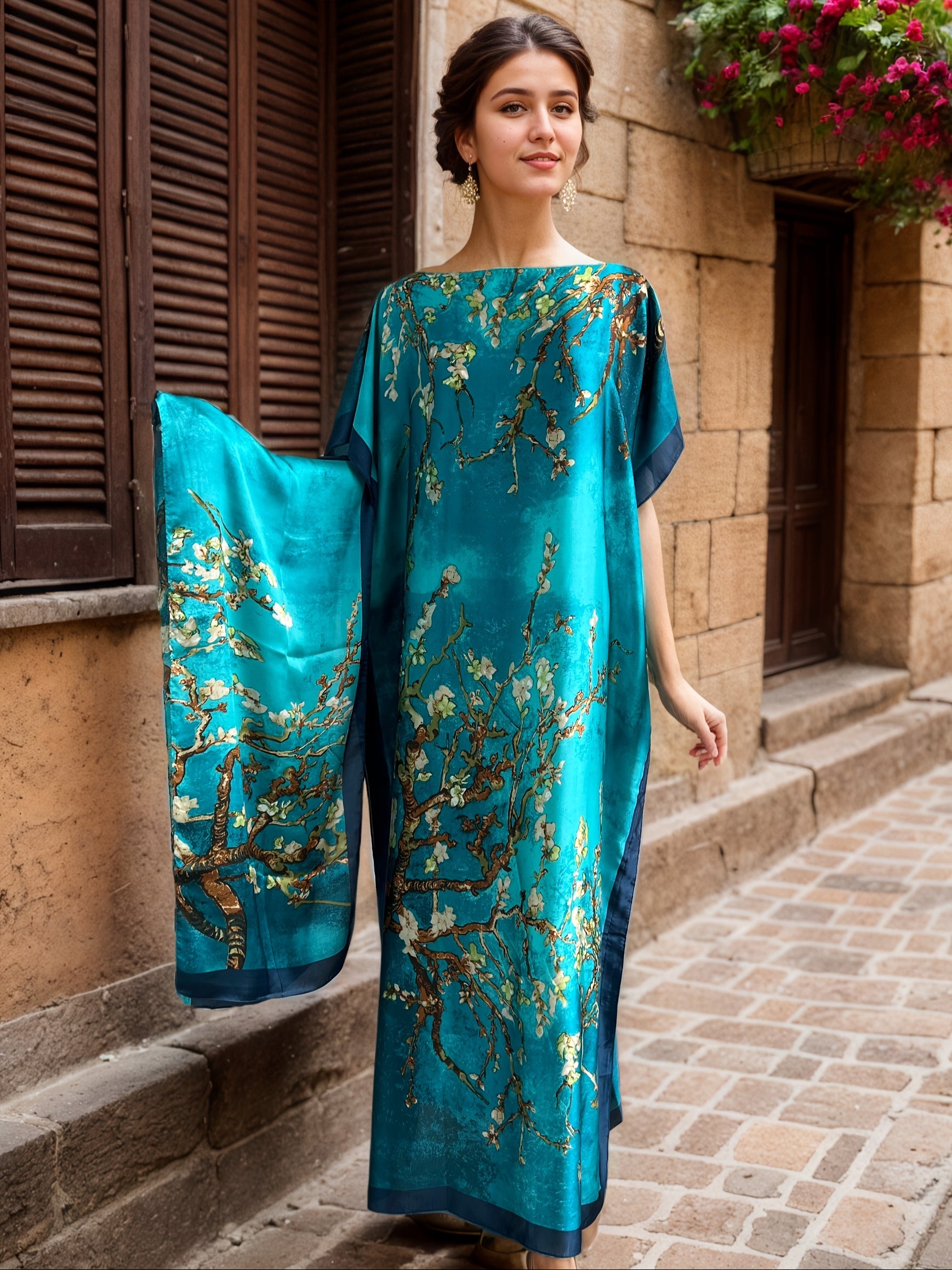 Plus Size Women's Floral Dress with Scarf Emerald Green Blue Peony Short Sleeve