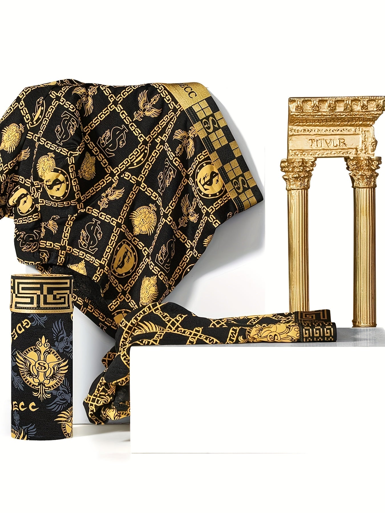 Men's Black and Gold Full-Print Boxer Shorts with Eagle Wings Crowns Chains Coins Moisture-Wicking Quick-Drying Set of 1 5 or 10