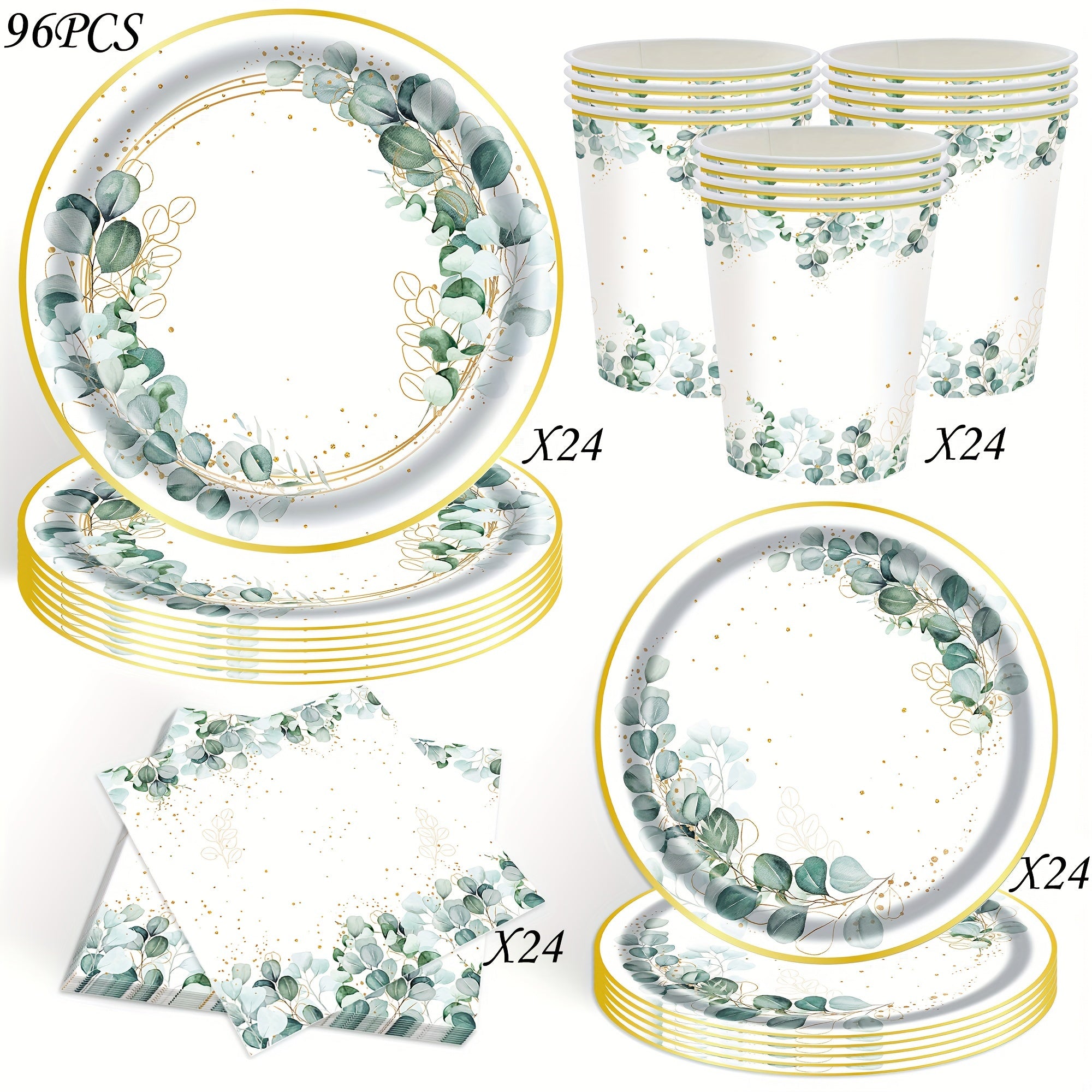 96pcs Eucalyptus Leaf Party Tableware Set for 24 Guests for Weddings and Bridal Showers