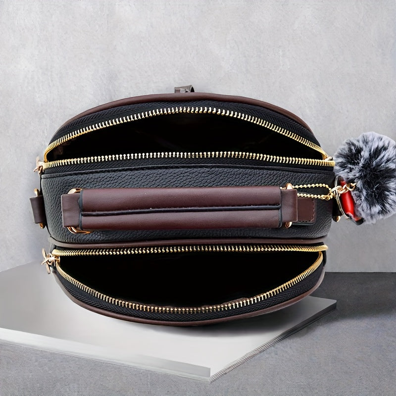 Women's Large Capacity Brown and Gray PU Handbag with Adjustable Strap and Zipper Closure