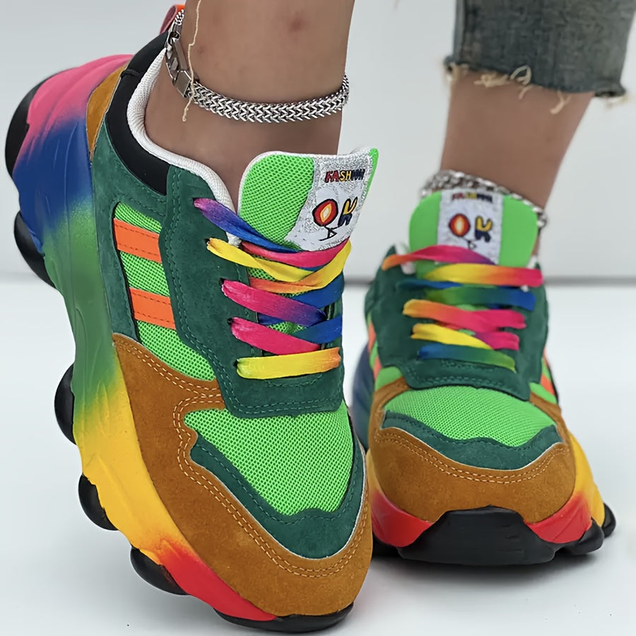 Women's Breathable Lace-Up Sneakers with Tie-Dye Design, Non-Slip Rubber Sole