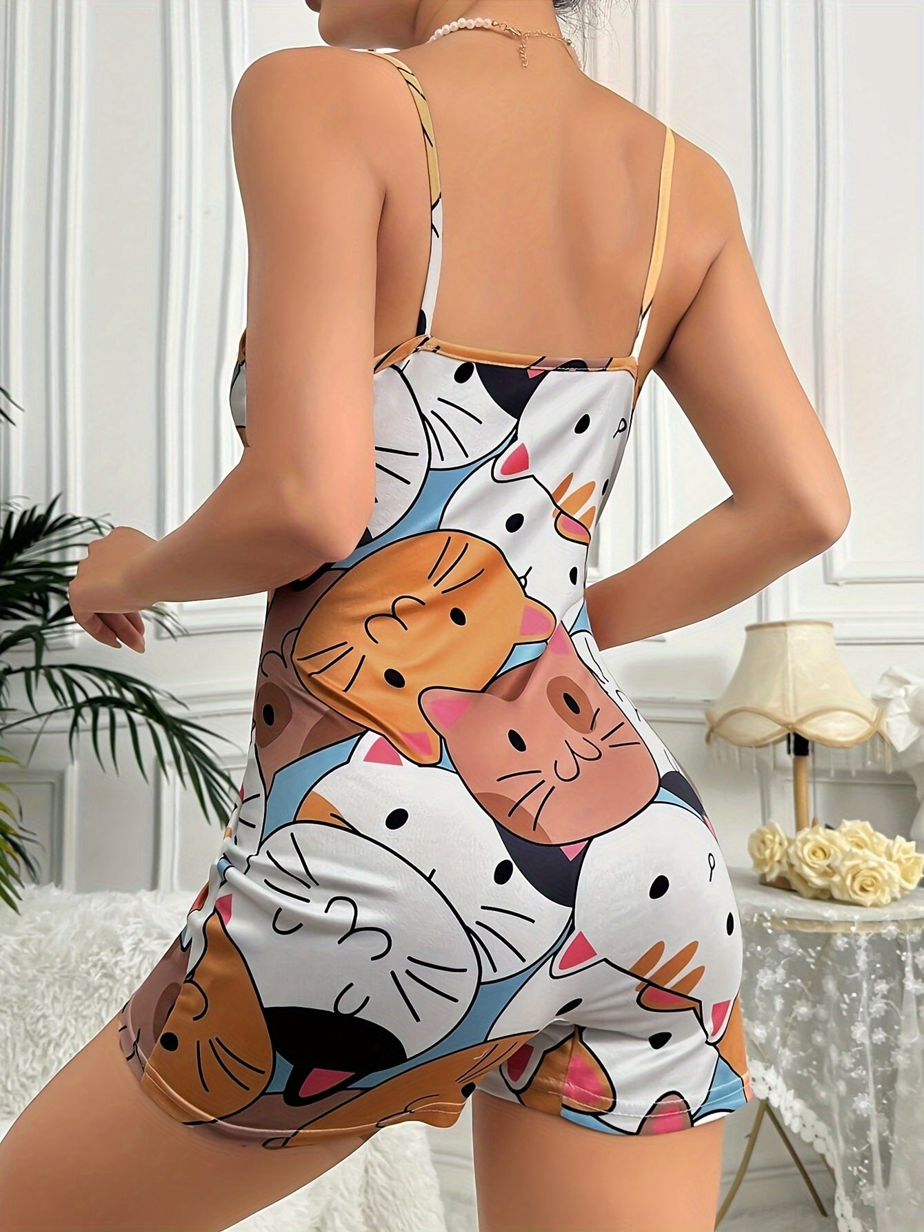 Women's Sleeveless Cat Print Lounge Bodysuit Polyester Spaghetti Strap All-Season